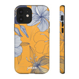 Loulii Blossom™ phone case that shows elegant flowers in white with a yellow background