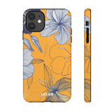 Loulii Blossom™ phone case that shows elegant flowers in white with a yellow background