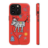 LouliiBot™ Space Friends phone case showing a cute robot dog in space in orange