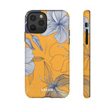 Loulii Blossom™ phone case that shows elegant flowers in white with a yellow background