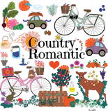Cllose up of the Country Romantic Print that has nature, bikes and food items