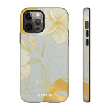 Loulii Blossom™ phone case that shows elegant flowers in white and gold with a gray background