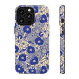 Loulii Blossom™ phone case that shows elegant flowers in blue and crème