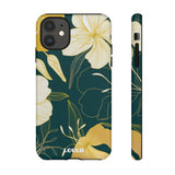 Loulii Blossom™ phone case that shows elegant flowers in yellow with a green background