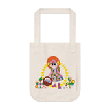 Missy Girl Organic Canvas Tote in natural color that shows a cute doll like girl picking flowers