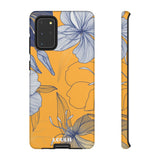 Loulii Blossom™ phone case that shows elegant flowers in white with a yellow background