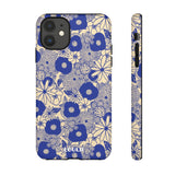 Loulii Blossom™ phone case that shows elegant flowers in blue and crème