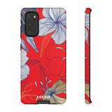 Loulii Blossom™ phone case that shows elegant flowers in white  with a red background