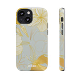 Loulii Blossom™ phone case that shows elegant flowers in white and gold with a gray background