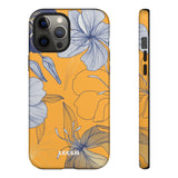 Loulii Blossom™ phone case that shows elegant flowers in white with a yellow background
