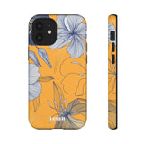 Loulii Blossom™ phone case that shows elegant flowers in white with a yellow background