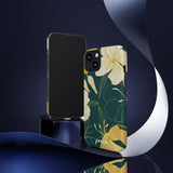 Loulii Blossom™ phone case that shows elegant flowers in yellow with a green background on a display both front and back