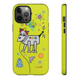 LouliiBot™ Space Friends phone case showing a cute robot dog in space in lime green