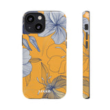 Loulii Blossom™ phone case that shows elegant flowers in white with a yellow background