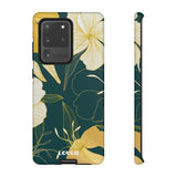 Loulii Blossom™ phone case that shows elegant flowers in yellow with a green background