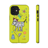 LouliiBot™ Space Friends phone case showing a cute robot dog in space in lime green