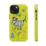 LouliiBot™ Space Friends phone case showing a cute robot dog in space in lime green