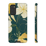 Loulii Blossom™ phone case that shows elegant flowers in yellow with a green background