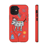 LouliiBot™ Space Friends phone case showing a cute robot dog in space in orange
