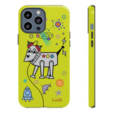 LouliiBot™ Space Friends phone case showing a cute robot dog in space in lime green