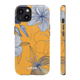 Loulii Blossom™ phone case that shows elegant flowers in white with a yellow background
