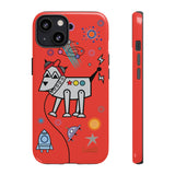 LouliiBot™ Space Friends phone case showing a cute robot dog in space in orange