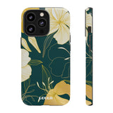 Loulii Blossom™ phone case that shows elegant flowers in yellow with a green background