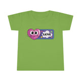 Love toddler t shirt that shows a happy heart and the word love in the color green