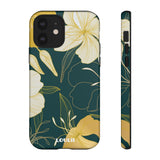 Loulii Blossom™ phone case that shows elegant flowers in yellow with a green background