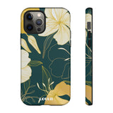 Loulii Blossom™ phone case that shows elegant flowers in yellow with a green background