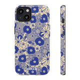 Loulii Blossom™ phone case that shows elegant flowers in blue and crème