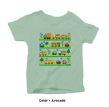 Green (Avocado) color cozy little beep t-shirt with cute animals driving cute vehicles