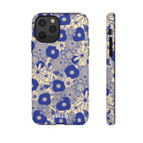 Loulii Blossom™ phone case that shows elegant flowers in blue and crème