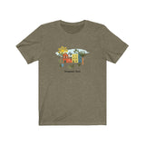Loulii design tropical chic city artwork on a t-shirt that is olive