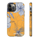 Loulii Blossom™ phone case that shows elegant flowers in white with a yellow background