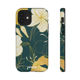 Loulii Blossom™ phone case that shows elegant flowers in yellow with a green background