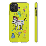 LouliiBot™ Space Friends phone case showing a cute robot dog in space in lime green