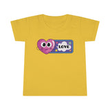 Love toddler t shirt that shows a happy heart and the word love in the color yellow