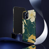 Loulii Blossom™ phone case that shows elegant flowers in yellow with a green background