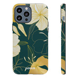 Loulii Blossom™ phone case that shows elegant flowers in yellow with a green background