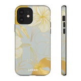 Loulii Blossom™ phone case that shows elegant flowers in white and gold with a gray background