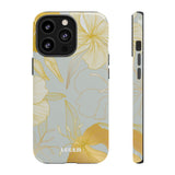 Loulii Blossom™ phone case that shows elegant flowers in white and gold with a gray background