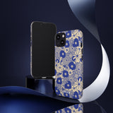 Loulii Blossom™ phone case that shows elegant flowers in blue and crème