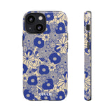 Loulii Blossom™ phone case that shows elegant flowers in blue and crème
