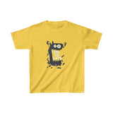 Tee shirt for kids with a cute monster that has his mouth open with the text chocolate in the middle in the color yellow