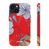 Loulii Blossom™ phone case that shows elegant flowers in white  with a red background