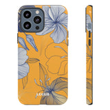 Loulii Blossom™ phone case that shows elegant flowers in white with a yellow background