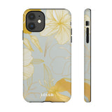 Loulii Blossom™ phone case that shows elegant flowers in white and gold with a gray background