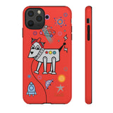 LouliiBot™ Space Friends phone case showing a cute robot dog in space in orange
