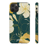 Loulii Blossom™ phone case that shows elegant flowers in yellow with a green background